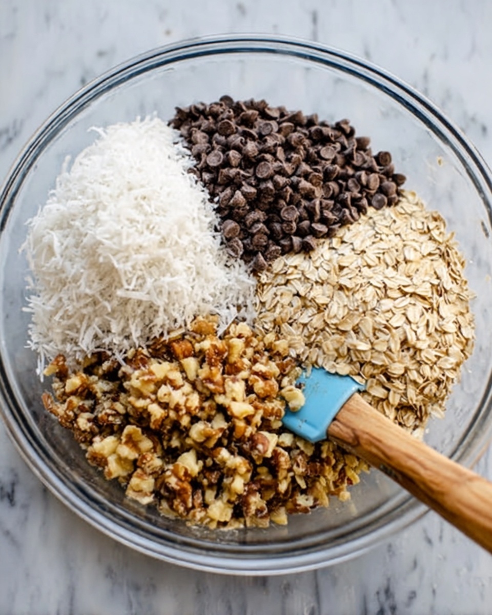A clear glass bowl sits on a white marbled surface, filled with four distinct piles of ingredients. In the top left section, there is white shredded coconut with a light, fluffy texture. To the right, there are many small, dark brown chocolate chips, smooth and rounded. Below the coconut, there are roughly chopped light brown walnuts with a crunchy texture. Next to the walnuts, on the bottom right, are light beige rolled oats, flat and slightly rough. A blue spatula with a wooden handle rests inside the bowl, near the shredded coconut. Photo taken with an iphone --ar 4:5 --v 7