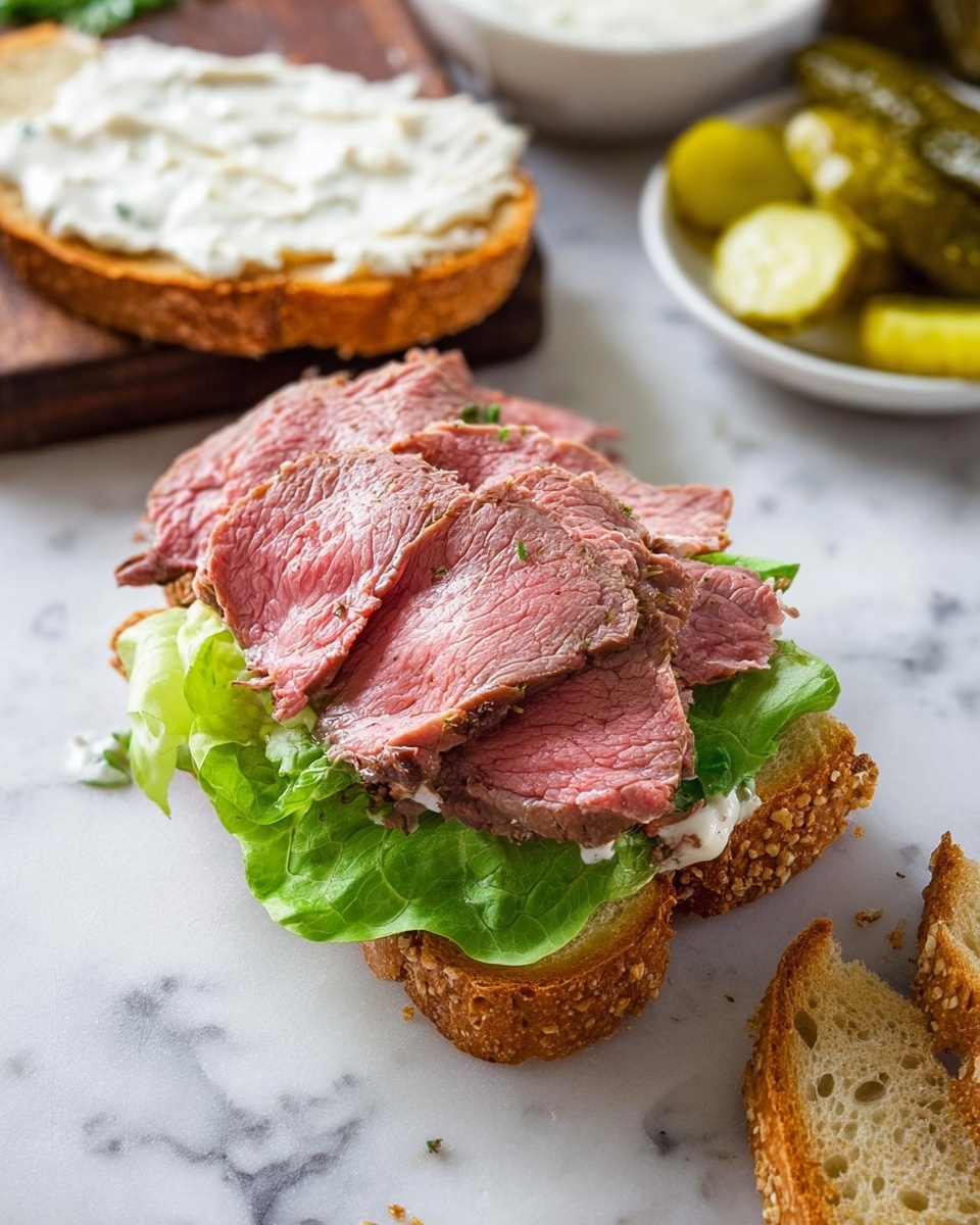 The image shows an open sandwich on a white marbled surface. The sandwich has three layers: the bottom layer is a piece of toasted bread with a golden-brown texture, the middle layer is a fresh green lettuce leaf, and the top layer consists of several slices of pink, tender roast beef with visible marbling and a slightly browned crust. Next to the sandwich, there is another piece of toasted bread spread with a creamy white sauce. In the background, some pickle slices and a white bowl with more creamy sauce are visible. Photo taken with an iphone --ar 4:5 --v 7