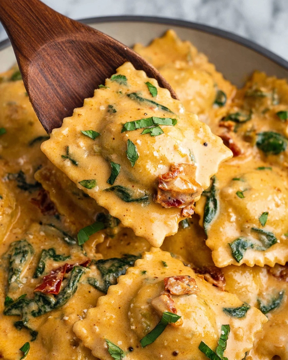 A close-up view of ravioli pasta covered in thick, creamy orange sauce with small green spinach leaves and bits of sun-dried tomatoes mixed in. The ravioli are square-shaped with crimped edges and are fully coated in the sauce, giving a rich, smooth texture. A wooden spoon lifts two ravioli pieces from the dish, showing the sauce clinging to the pasta and the fresh herbs on top. The background has a white marbled texture. photo taken with an iphone --ar 4:5 --v 7