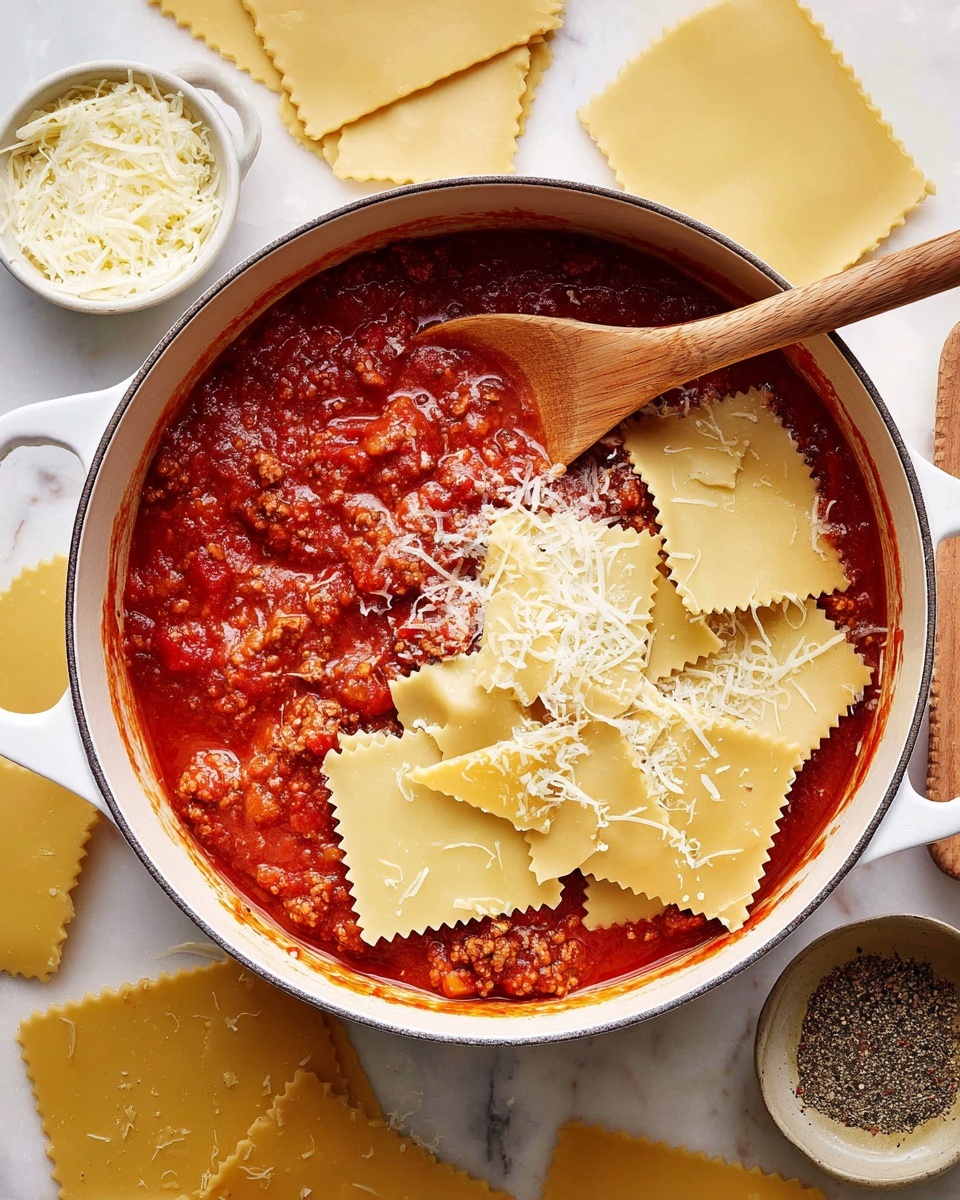 A white pot filled with thick red tomato sauce with bits of meat and herbs, topped with broken raw yellow lasagna pasta pieces scattered unevenly on the surface. A wooden spoon rests inside the pot, partially covered by the sauce and pasta. Around the pot, there are broken pieces of raw pasta lying on a white marbled surface, a small green bowl filled with grated cheese at the bottom, and a round wooden bowl with more grated cheese at the top right. The scene has a warm and rustic feel. Photo taken with an iphone --ar 4:5 --v 7