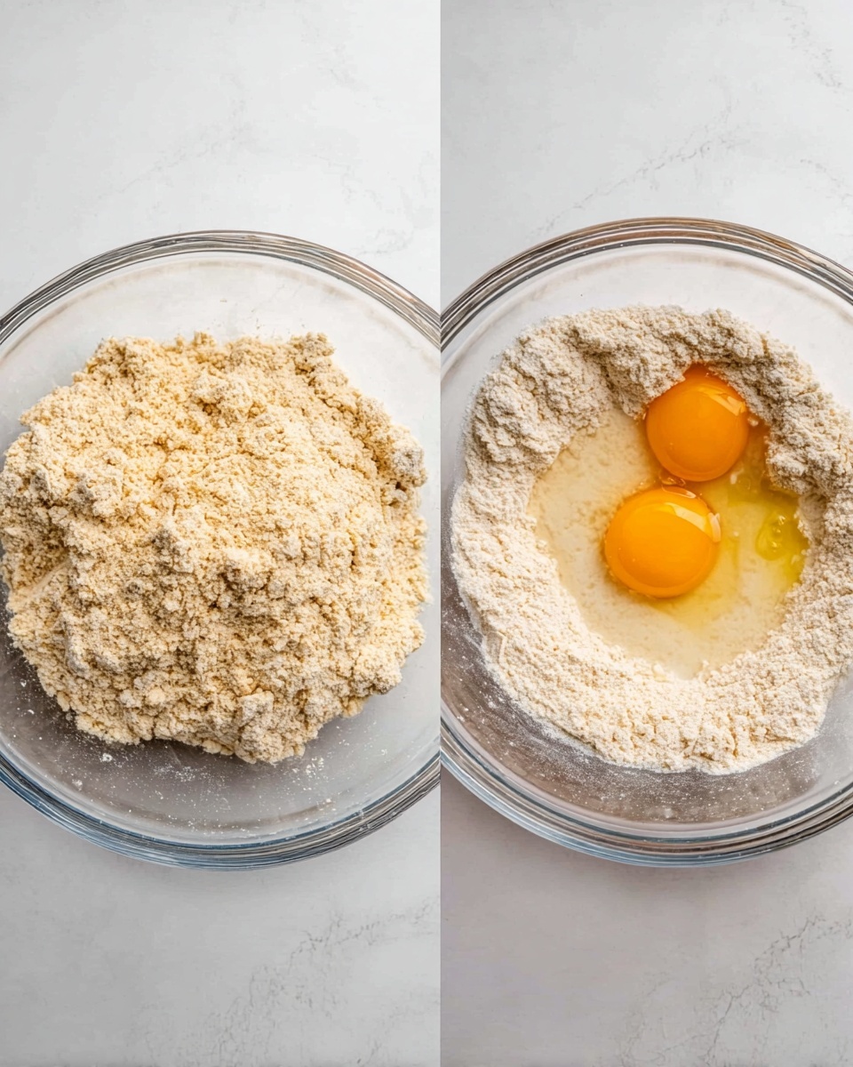 The image shows two clear glass bowls on a white marbled surface, each containing different stages of a dough mixture. In the left bowl, there is a single layer of beige flour mixture with a rough and crumbly texture spread evenly inside. In the right bowl, the mixture is pushed aside forming a thick ring around the edges, revealing two raw egg yolks sitting in a layer of pale liquid ingredients like milk and oil in the center. The flour around the edges sticks together more firmly, showing a contrast between dry and wet textures. Photo taken with an iphone --ar 4:5 --v 7
