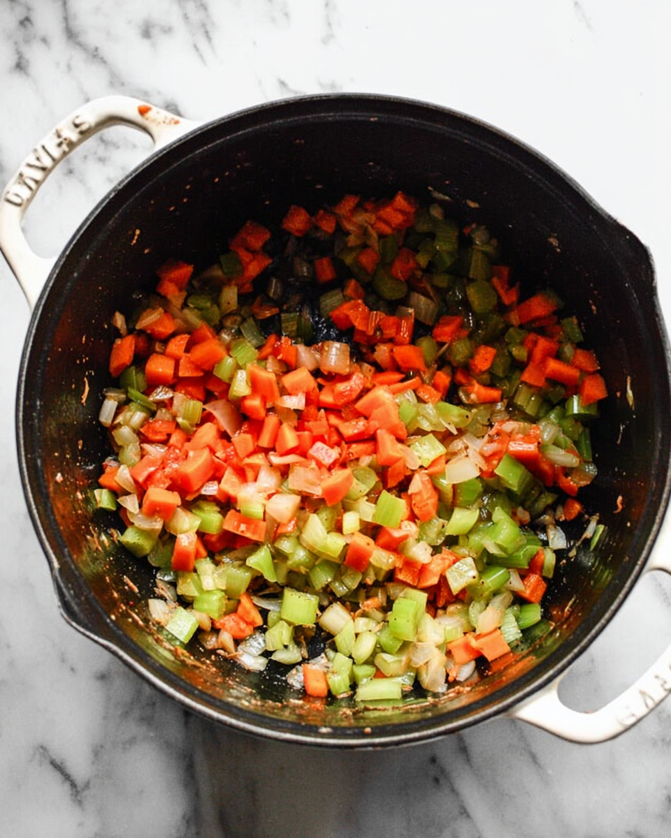 A black cooking pot with white handles sits on a white marbled surface. Inside the pot are three layers of ingredients: small chunks of bright orange carrots, vibrant green celery pieces, and translucent diced onions that have softened. The vegetables are mixed and lightly cooked, showing a mix of colors and a slightly glossy texture from being sautéed. The pot’s interior shows signs of use with some caramelized bits, adding texture contrast to the scene. photo taken with an iphone --ar 4:5 --v 7