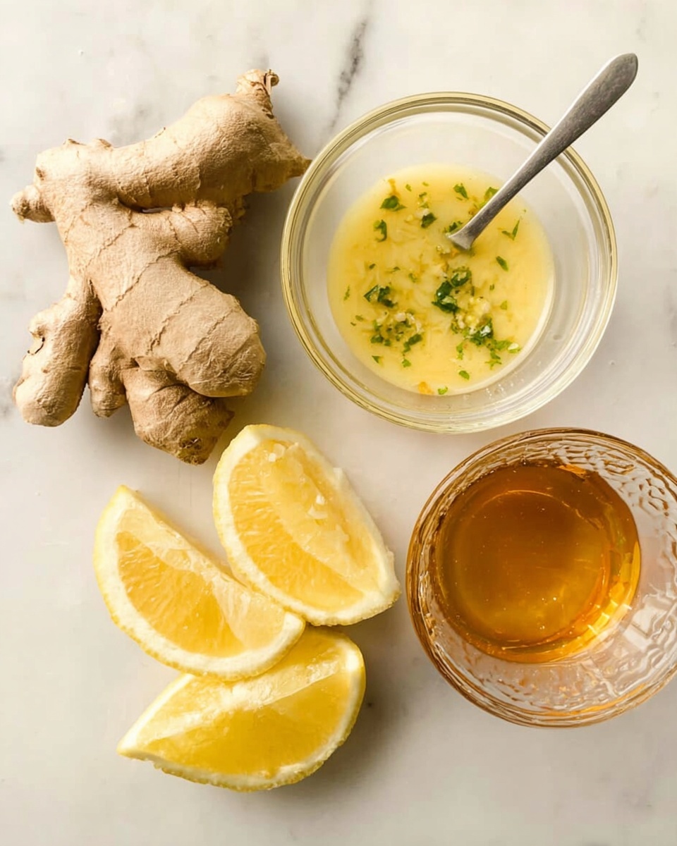 The image shows a white marbled surface with fresh ginger root on the left, its skin light brown and knobby. To the right of ginger are three lemon wedges, bright yellow with a glossy, juicy inside and a textured outer peel. Above the lemon wedges, there are two glass bowls; the left bowl holds a light yellow sauce with green herb pieces and a metal spoon resting inside it. The right bowl contains a golden honey-like liquid with a shiny, smooth surface. photo taken with an iphone --ar 4:5 --v 7