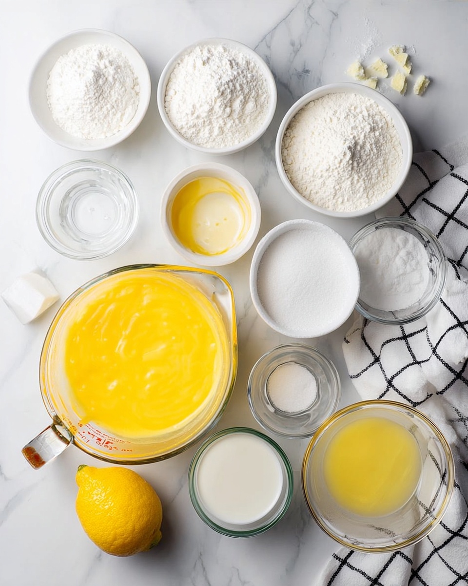 The image shows a top-down view of various baking ingredients arranged on a white marbled surface. At the center top is a large glass measuring cup filled with bright yellow custard-like cream. Surrounding it are smaller white bowls and glass containers holding white sugar, fine white flour, powdered sugar, a small heap of a white powdery ingredient, and salt. There is also a glass cup with white milk, another glass cup containing a clear liquid, and a bowl with melted yellow butter. Near the top right, a white towel with a black checkered pattern partly covers a halved lemon, with a whole lemon placed at the bottom left corner. The colors are mainly white and yellow with smooth and powdery textures, and the scene is bright and neatly arranged. photo taken with an iphone --ar 4:5 --v 7