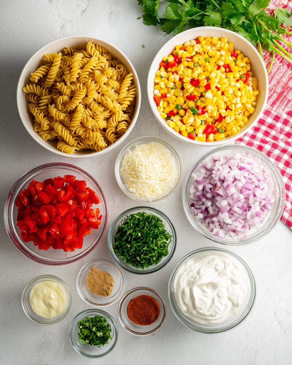 The image shows 11 bowls of different sizes arranged on a white marbled surface. At the top left is a white bowl filled with golden spiral pasta. To the right is another white bowl overflowing with bright yellow corn mixed with small pieces of red bell pepper. Below the pasta is a clear glass bowl with diced red bell pepper, and in the middle is a small white bowl full of chopped fresh green herbs. To the right of the herbs is another clear glass bowl filled with finely grated white cheese. Below the herbs is a larger clear glass bowl packed with chopped red onions. Next to it on the right is the smallest white bowl with chopped green chili. At the bottom left, a clear small bowl holds light tan garlic powder, next to it is another small clear bowl with paprika powder. Alongside these is a ceramic bowl with thick white sour cream, and lastly, at the very bottom right is a white bowl of lemon juice. A red and white checkered cloth and some fresh green coriander leaves are partially seen in the top right corner. Photo taken with an iphone --ar 4:5 --v 7
