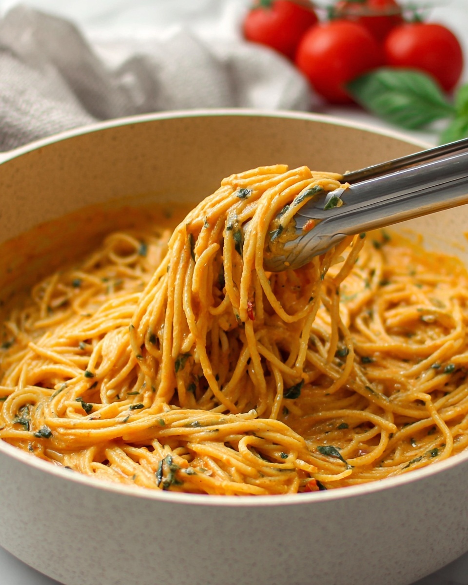 A close-up view of yellowish spaghetti noodles well mixed with a creamy orange sauce that has small dark green herb bits evenly spread throughout. The spaghetti is gathered and lifted by a pair of silver tongs, showing the sauce clinging smoothly to the noodles. The pasta sits inside a speckled beige pot. In the blurred background, a light cloth and some red tomatoes with green leaves are visible, all placed on a white marbled surface. Photo taken with an iphone --ar 4:5 --v 7