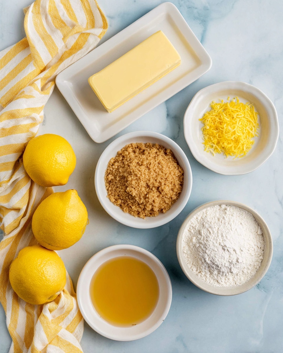 The image shows six different ingredients arranged on a white marbled surface. In the top center is a white rectangular plate with a rectangular block of pale yellow butter. Below the butter, there is a round white bowl filled with light brown sugar that has a crumbly texture. To the right, a small white plate holds finely grated lemon zest with bright yellow color. On the right side near the bottom, another round white bowl is full of white flour with a powdery texture. Below the brown sugar is a small white plate with a glossy, smooth pale yellow liquid, likely beaten eggs. On the left side below the lemons, there is a small white plate with a golden yellow liquid, probably honey or syrup. On the left side of the image, three whole bright yellow lemons with smooth skin rest on the marbled surface near a yellow and white striped cloth. photo taken with an iphone --ar 4:5 --v 7