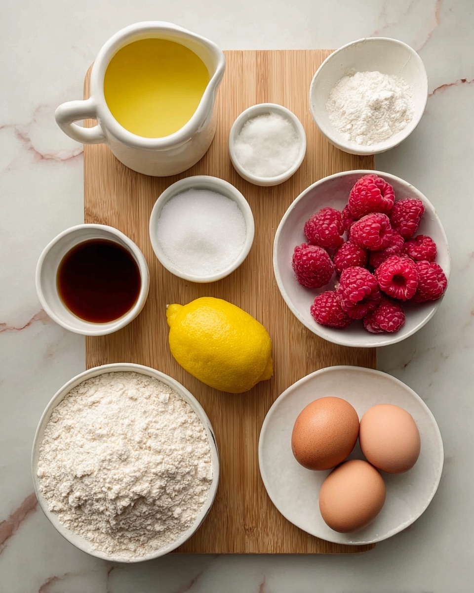 The image shows a collection of baking ingredients placed on a white marbled surface. There are seven containers and one lemon arranged mostly on and around a light wooden cutting board. Starting from the top right, there is a white jug with yellow liquid, likely melted butter. Below it is a small white bowl with white powders, probably salt and baking powder. Next to it is another small white jug with dark brown liquid, likely vanilla extract. In front of the wooden board, there is a white bowl with white granulated sugar, and beside it is a small white plate holding two brown eggs. On the wooden board, centrally placed is a white bowl filled with bright red frozen raspberries. To the left of the raspberries, there is a yellow lemon resting right on the white marbled surface. Below the lemon, there is a larger white bowl filled with a mix of white and light brown flour. At the top left corner, another white bowl holds a white powdery substance, likely powdered sugar. The ingredients are neatly arranged with soft natural lighting. photo taken with an iphone --ar 4:5 --v 7