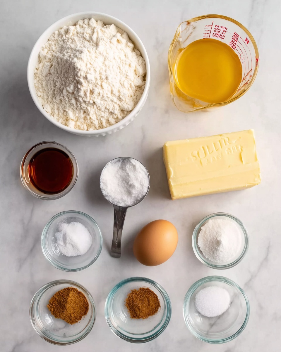 The image shows baking ingredients arranged on a white marbled surface. There is a white bowl full of flour at the top left, a glass measuring cup filled with melted butter at the top right, a yellow stick of salted butter below the flour bowl, a metal measuring cup of sugar near the center, and a whole egg to the right of the sugar. Below these, there are three small clear glass bowls with baking powder, salt, and ground cinnamon from left to right, and a small glass bowl with vanilla extract between the salt and cinnamon bowls. The items are neatly placed in a grid-like layout, all clearly visible with soft, natural lighting. Photo taken with an iphone --ar 4:5 --v 7