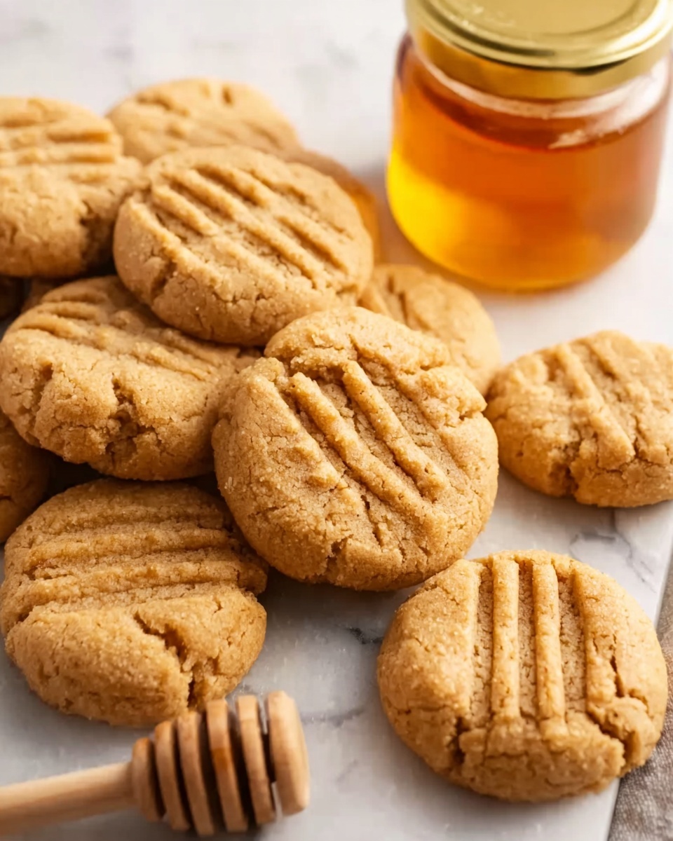 The image shows several peanut butter cookies arranged closely together on a white marbled surface. Each cookie is round, with a light golden brown color and a soft, slightly crumbly texture. The top of each cookie has three parallel fork marks, creating a subtle pattern. On the right side of the image, a glass jar with a gold lid contains amber-colored honey, and in the front left, there is a wooden honey dipper resting on the surface. The lighting is soft, highlighting the warm tones of the cookies and honey. Photo taken with an iphone --ar 4:5 --v 7