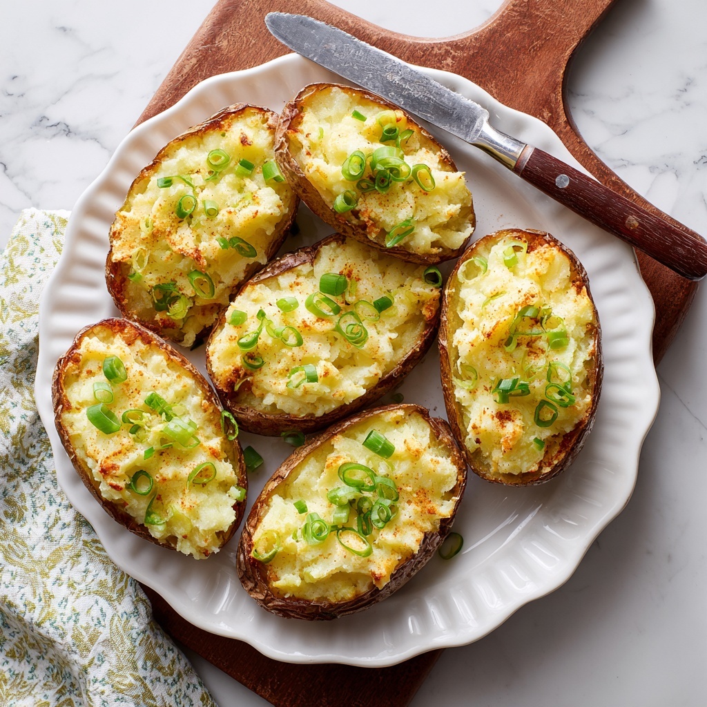 There are five stuffed baked potato halves arranged on a white scalloped plate set on a wooden board with a woman’s hand holding a fork and knife resting above the plate. Each potato half has a brown skin base filled with a creamy, light yellow mashed potato mix that has a slightly textured, ridged surface. Bright green sliced scallions are sprinkled evenly on top of each mashed potato layer, adding a fresh touch of color. The plate is on a white marbled surface with a patterned cloth napkin to the side. photo taken with an iphone --ar 4:5 --v 7