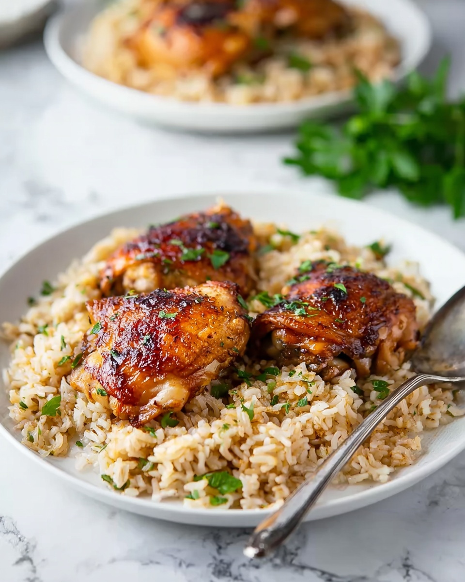 A white plate sits on a white marbled surface, filled with a bed of light brown rice that has fine, soft textures and specks of green herbs mixed in. On top of the rice are three pieces of golden-brown roasted chicken thighs with crispy skin, showing darker spots of caramelization and a slightly shiny texture. Small flecks of fresh green herbs are sprinkled over the chicken and rice. A silver spoon rests on the edge of the plate, leaning slightly inside. In the blurred background, there is another white plate with the same food partially visible, and some green herbs are slightly out of focus on the white marbled surface. Photo taken with an iphone --ar 4:5 --v 7