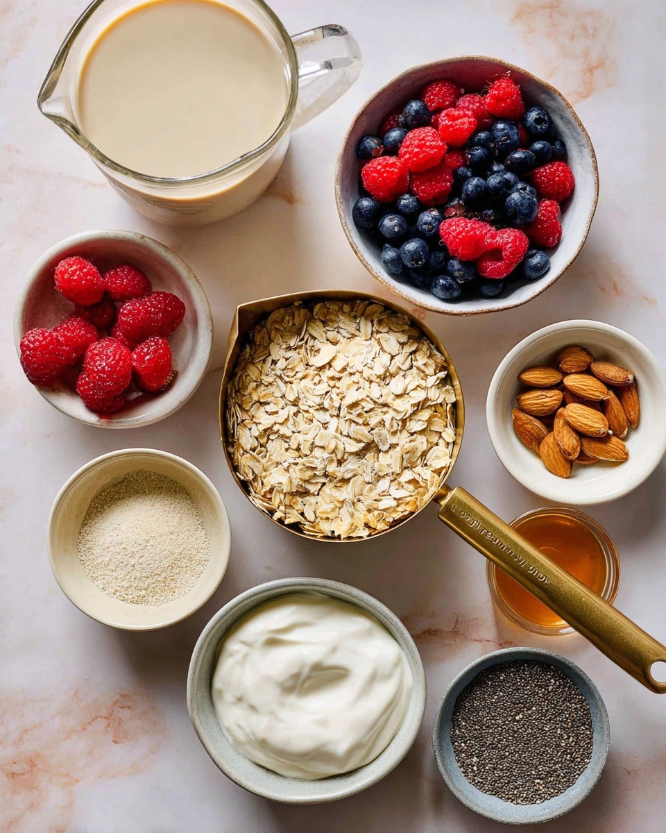 The image shows a top view of various ingredients arranged neatly on a white marbled surface. In the center, a brass measuring cup with a wooden handle is filled with light beige rolled oats. Around it, there are several bowls: a white bowl with red raspberries and dark blueberries, a clear glass bowl with thick white yogurt, a white bowl holding a pale yellow powder, a white bowl filled with sliced almonds, a small gray bowl of dark chia seeds, and another small gray bowl with a light brown liquid honey. A glass measuring cup with a foamy light beige liquid, likely a plant-based milk, is placed to the upper left. The colors from the fresh berries provide a bright contrast to the neutral tones of the oats and powders. Photo taken with an iphone --ar 4:5 --v 7