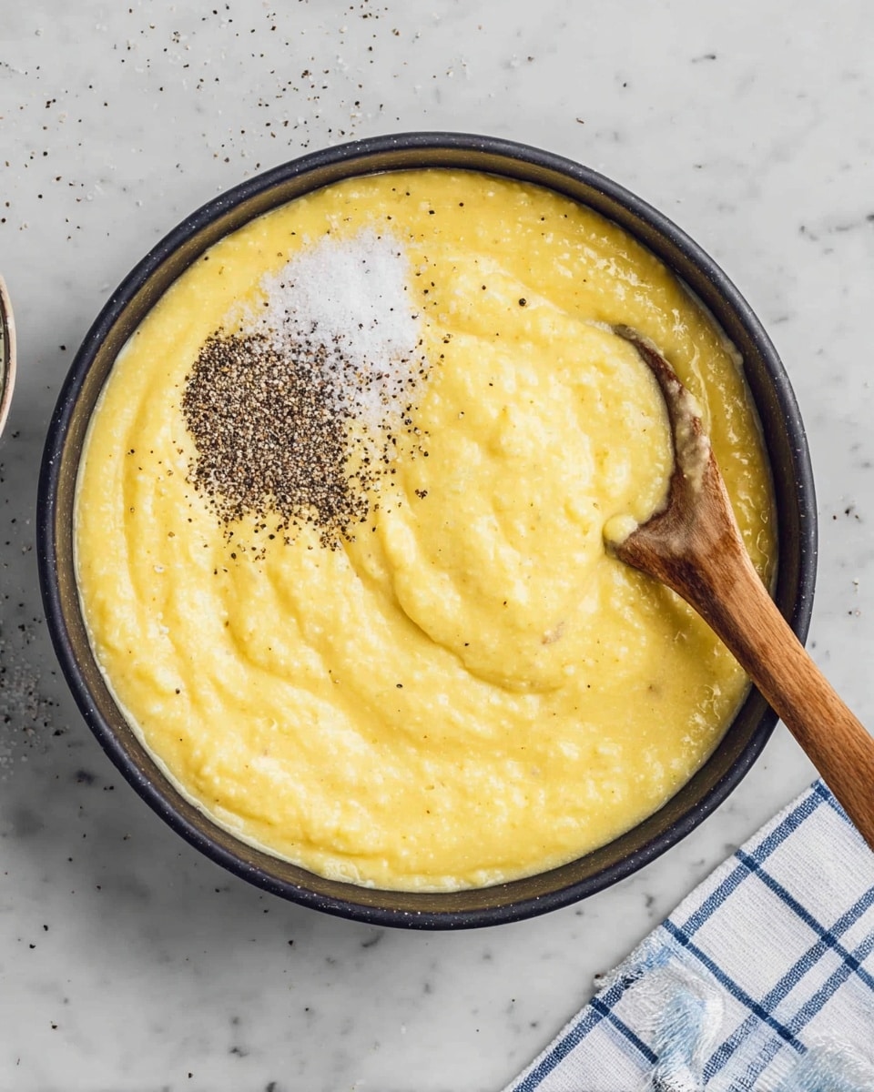 A top view of a black bowl filled with thick yellow mixture that looks creamy and slightly lumpy. On the left side of the mixture, a pile of black pepper and white salt sits on top. A wooden spoon is partially dipped into the mixture on the right side of the bowl. The bowl is placed on a white marbled surface with small dark spots scattered around, and a white and blue checkered cloth is partially visible at the bottom right corner. photo taken with an iphone --ar 4:5 --v 7