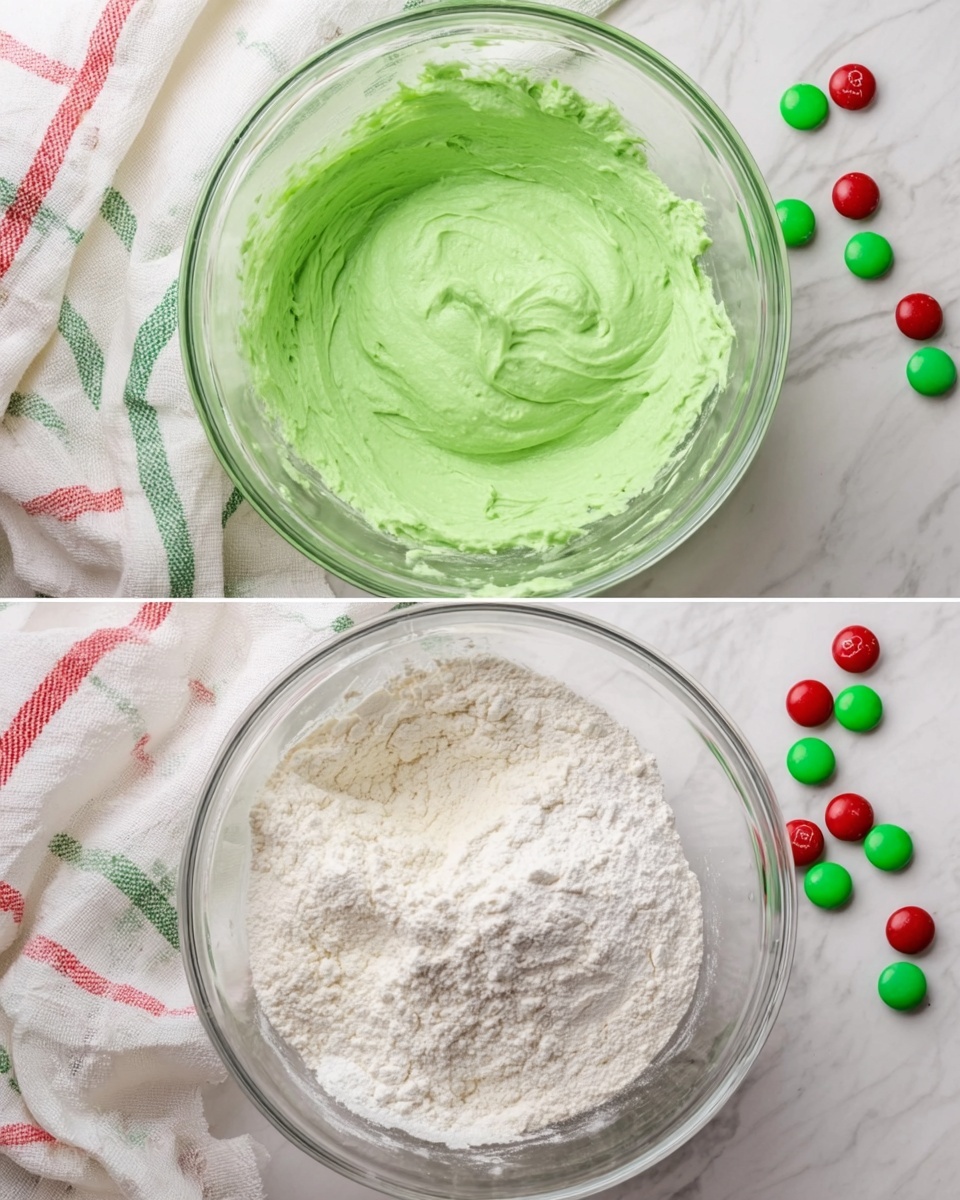 The image shows two glass mixing bowls from above, placed on a white marbled surface with a white cloth that has red and green lines in the background. The left bowl contains a thick, smooth, bright green mixture with a creamy texture filling most of the bowl. The right bowl contains the same green mixture at the bottom, with a layer of white flour on top, creating a clear contrast between the green and white powders. Nearby are small round red and green candy-like items. Photo taken with an iphone --ar 4:5 --v 7