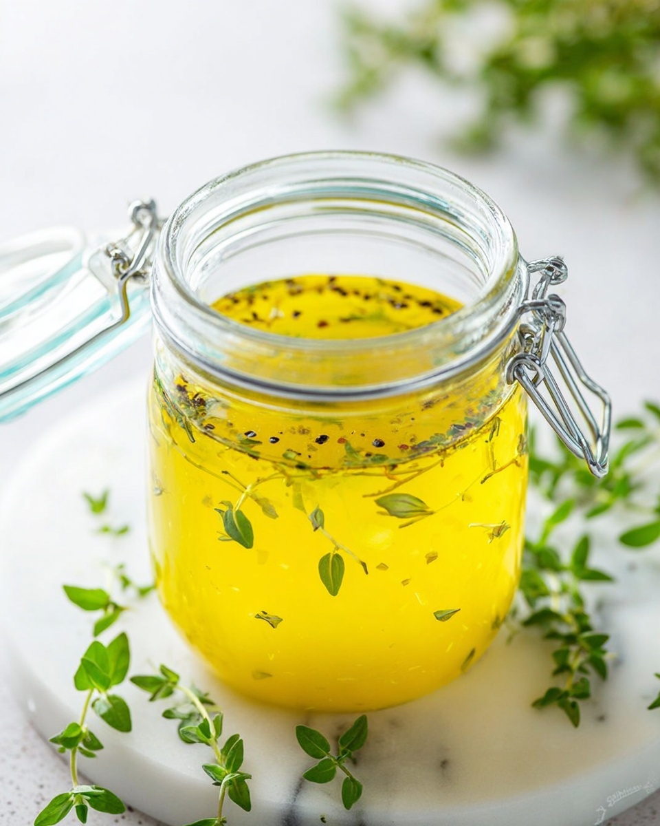 The image shows a clear glass jar filled with a bright yellow liquid, likely oil or dressing, with small green herb leaves and black pepper flakes floating on top and inside. The jar has a metal clasp lid and small bubbles can be seen in the liquid. Around the jar, fresh green herb sprigs are placed on a white marbled surface. The background is bright and softly blurred. Photo taken with an iphone --ar 4:5 --v 7