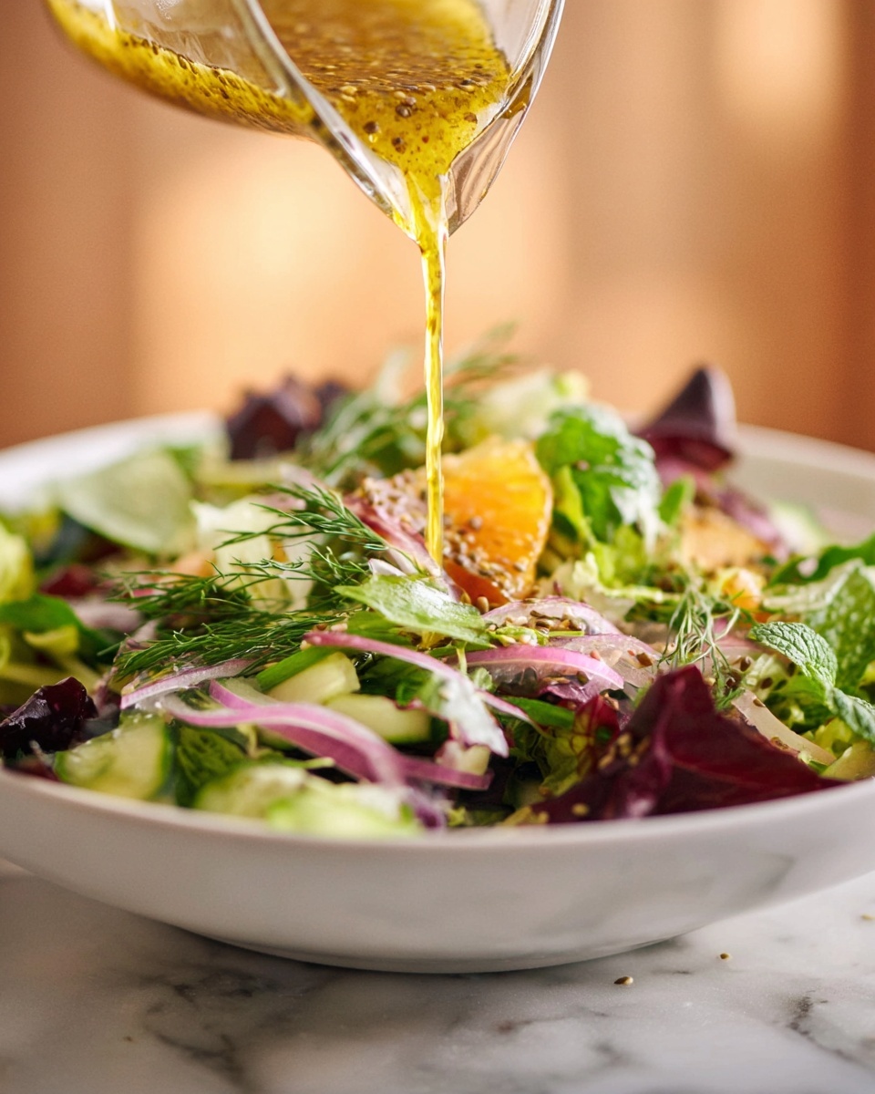 A close-up view of a vibrant salad in a white bowl placed on a white marbled surface, showing a mix of fresh green leafy vegetables, dark red radicchio, thin slices of purple onion, cucumber pieces, bright orange segments, and sprigs of dill and mint leaves on top. A clear glass container pours golden mustard seed dressing over the salad from above, capturing the flow of the dressing in mid-air. The background is softly blurred with warm tones, and a woman's hand holding the glass container is partially visible. Photo taken with an iphone --ar 4:5 --v 7