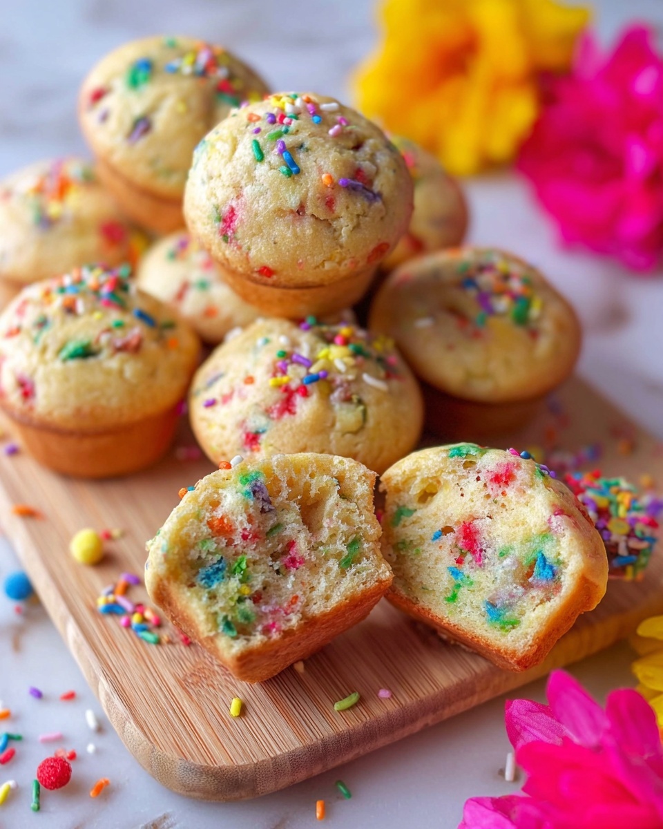 A group of small round funfetti muffins with a light golden color and colorful sprinkles mixed inside and scattered on top; two muffins are broken open, showing their soft and fluffy inside speckled with red, green, blue, and purple bits; the muffins are stacked and spread on a light wooden board with some bright pink and yellow flowers blurred in the background on a white marbled surface; the overall feel is cheerful with a close-up focus on texture and color; photo taken with an iphone --ar 4:5 --v 7