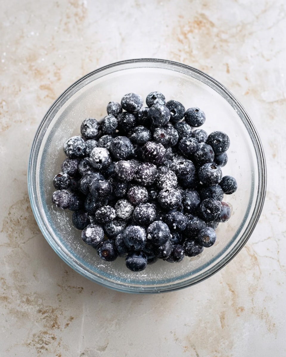 A clear glass bowl sits on a white marbled surface filled with dark blue blueberries covered with a light dusting of white powder. The berries are round and shiny, with some showing small dents and uneven shapes, spread evenly inside the bowl. The bowl has smooth, clear sides and the focus is on the texture of the berries with the powder giving a slightly rough look on top of the smooth skin photo taken with an iphone --ar 4:5 --v 7