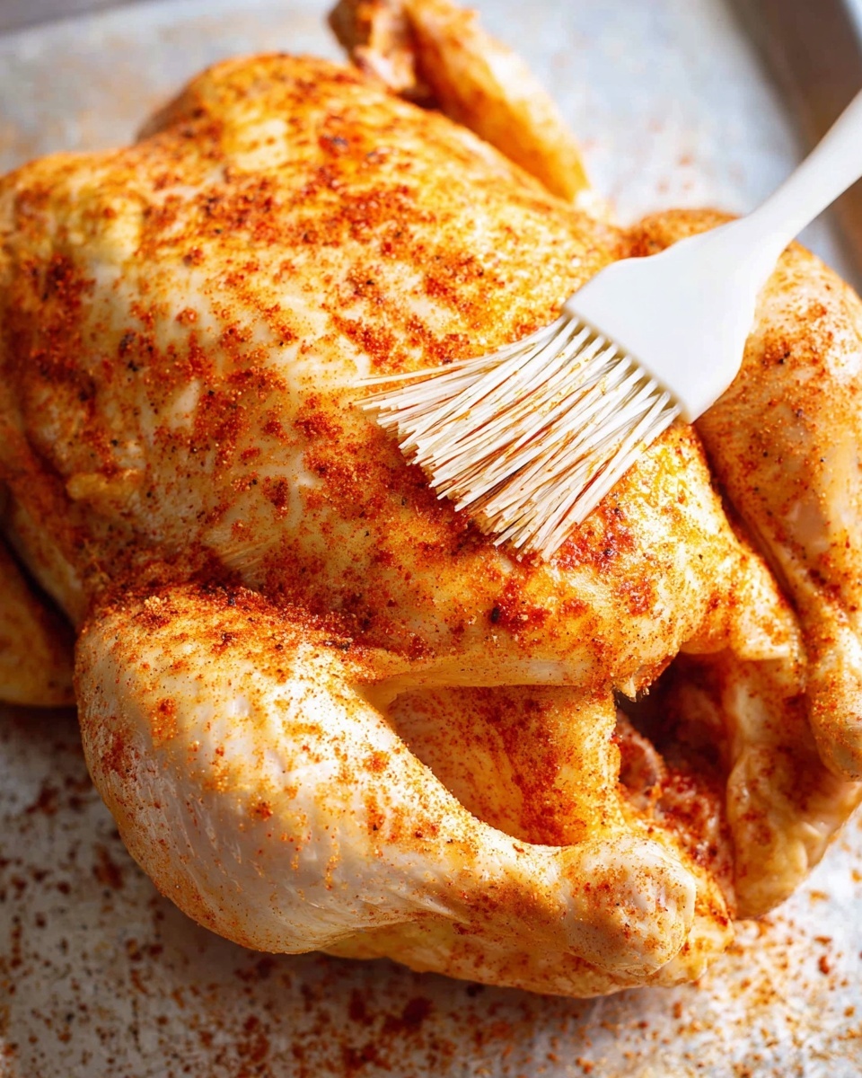 A close-up of a whole raw chicken placed on a silver tray with a white marbled surface underneath. The chicken is covered in a dry reddish-brown spice mix that adds specks of darker and lighter orange across the skin. A white brush is shown gently applying the spice rub on the chicken breast, with bristles spreading some of the spices evenly. The chicken's skin texture is smooth but slightly bumpy with the spice coating. The angle highlights the full body of the chicken with the wings folded in. Photo taken with an iphone --ar 4:5 --v 7