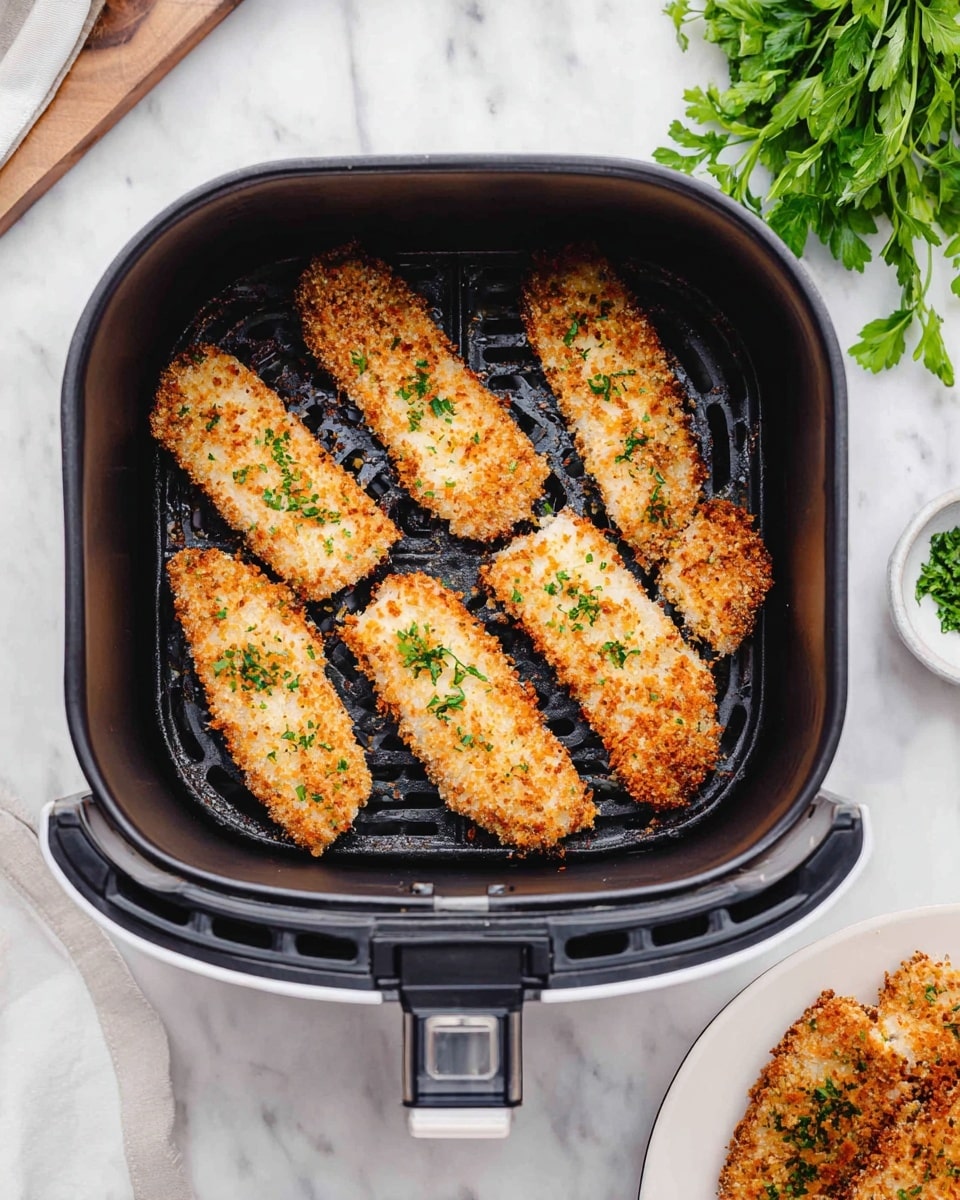 The image shows six golden brown crispy coated strips arranged inside a black air fryer basket, with a sprinkle of green herbs on top of each. The basket has a handle on the left side and the background is a white marbled surface with some fresh green herbs in the top right corner and a white plate on the bottom right holding more crispy coated strips next to a small white bowl. photo taken with an iphone --ar 4:5 --v 7