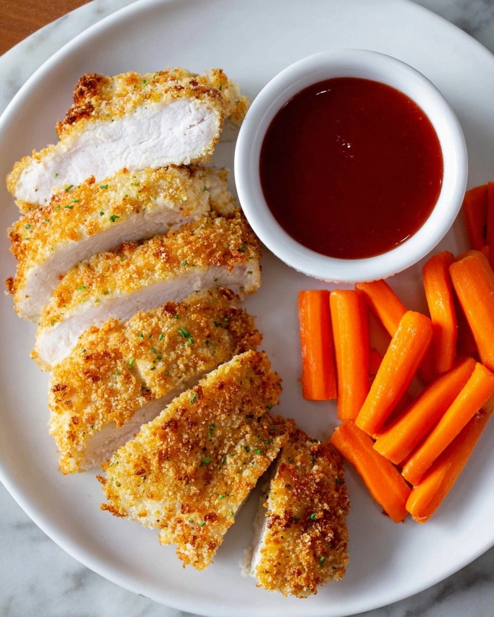 The dish shows a white plate on a white marbled surface, featuring several thick slices of breaded chicken arranged on the left side with a golden-brown crispy coating and white tender meat inside. On the right side of the plate, there is a small pile of bright orange baby carrots. Above the carrots, a white bowl filled with smooth, deep red dipping sauce sits close to the center of the plate. The wooden table beneath the plate adds a warm contrast. photo taken with an iphone --ar 4:5 --v 7