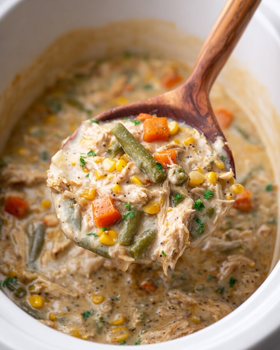 A wooden spoon holds a scoop of creamy chicken and vegetable stew with visible shredded chicken pieces, small orange carrot cubes, green beans, yellow corn, and bits of fresh green herbs on top. The stew has a thick, creamy sauce with flecks of black pepper, and steam rises gently from the mixture, which is inside a white slow cooker. The background is a white marbled surface. photo taken with an iphone --ar 4:5 --v 7