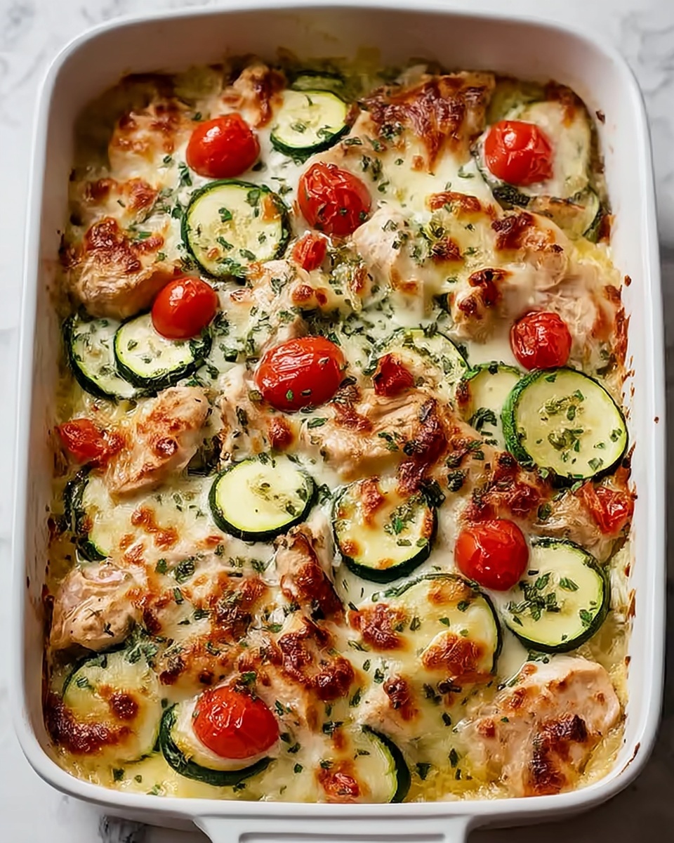 A white baking dish filled with a baked layered casserole. The bottom layer is made of cooked white meat pieces covered with a creamy sauce. On top, there is a layer of round slices of green zucchini and small red cherry tomato halves, scattered evenly. The dish is covered with melted, slightly browned cheese that stretches over the vegetables and meat, sprinkled with small green herbs. The edges of the casserole show some golden brown spots where the cheese and sauce have baked. The dish sits on a white marbled surface. photo taken with an iphone --ar 4:5 --v 7