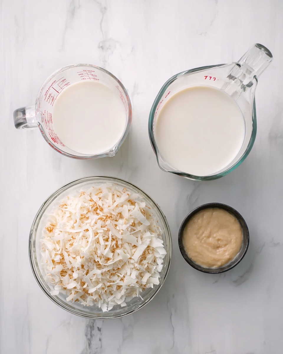 The image shows four containers on a white marbled surface holding cooking ingredients: a clear glass measuring cup with a spout filled with white milk at the top left, another larger clear glass measuring cup filled with a creamy white liquid at the top right, a clear glass bowl at the bottom left filled with shredded white and slightly browned toasted coconut, and a small round black container at the bottom right holding a thick beige substance. The containers are arranged in a neat square shape with the ingredients clearly visible inside each one photo taken with an iphone --ar 4:5 --v 7