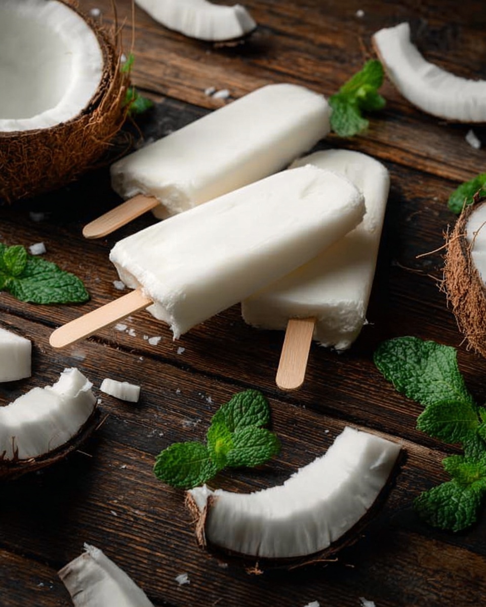 The image shows three white coconut ice pops on wooden sticks lying on a dark wooden surface with parts of broken coconut shells, white coconut flesh, and green mint leaves scattered around them. The ice pops have a smooth, creamy texture and are placed close to each other near the coconut halves and pieces. The mint leaves add a bright green color that contrasts with the dark wood and white coconut. photo taken with an iphone --ar 4:5 --v 7