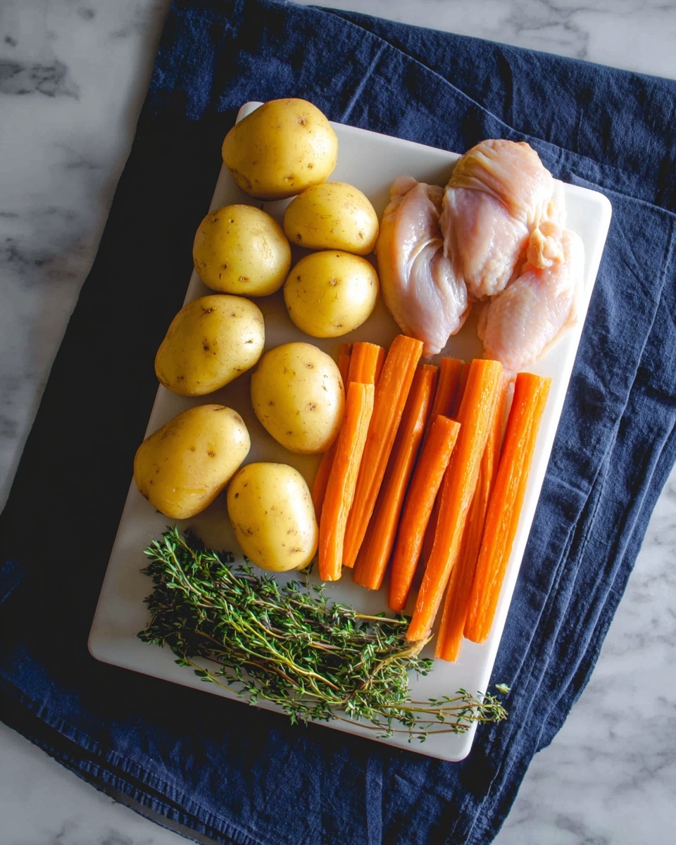 A clear white cutting board is placed on a dark blue cloth on a white marbled surface. On the board, there are seven peeled potatoes of different sizes arranged on the left and center, seven bright orange carrots lined up closely on the right, and two raw chicken pieces at the top right. Below the potatoes, there are two green herb sprigs, one with small thin leaves and the other with needle-like leaves. The lighting is soft, highlighting the colors and textures of the vegetables and chicken. photo taken with an iphone --ar 4:5 --v 7