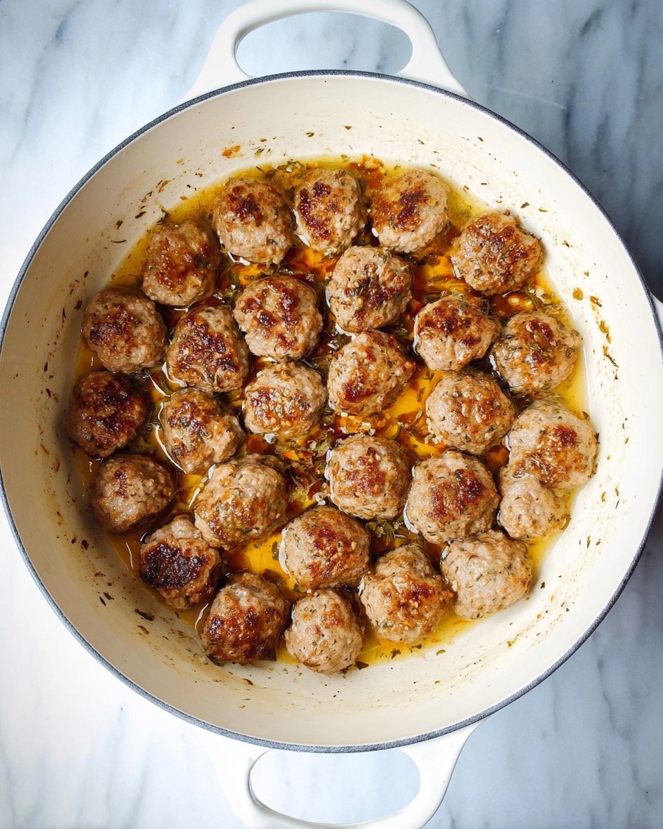A white pot filled with many small browned meatballs cooking in their own light brown oil and juices. The meatballs have a slightly rough texture with bits of herbs or spices visible in the meat. The pot sits on a white marbled surface. photo taken with an iphone --ar 4:5 --v 7