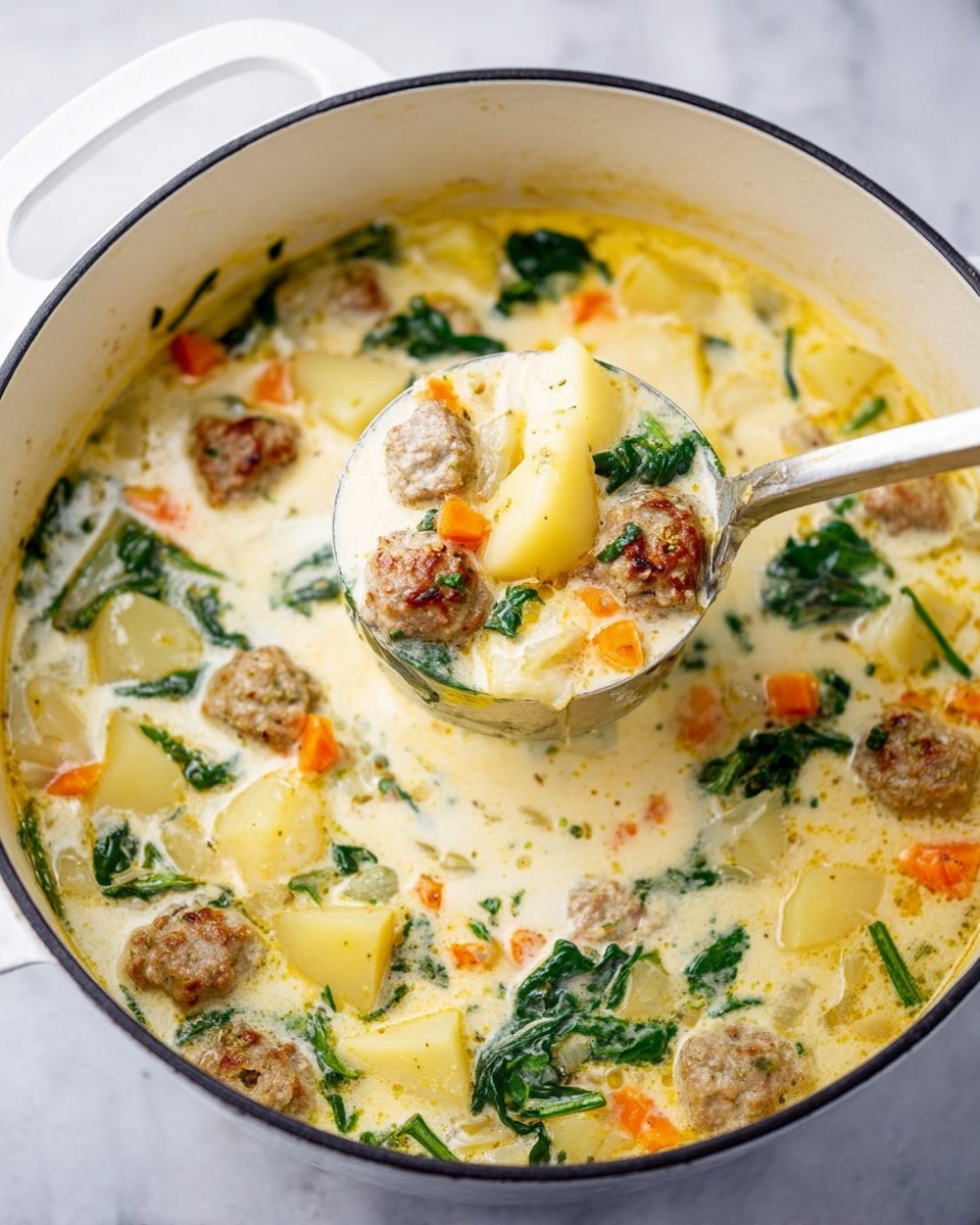 A large white pot filled with creamy soup that has chunks of light yellow potatoes, small browned meatballs, bright orange carrot pieces, green spinach leaves, and bits of translucent cooked onion floating in the creamy broth. A silver ladle lifts a serving showing a mix of all these ingredients with the creamy soup dripping slightly. The pot sits on a white marbled surface, and the soup looks warm and hearty. photo taken with an iphone --ar 4:5 --v 7