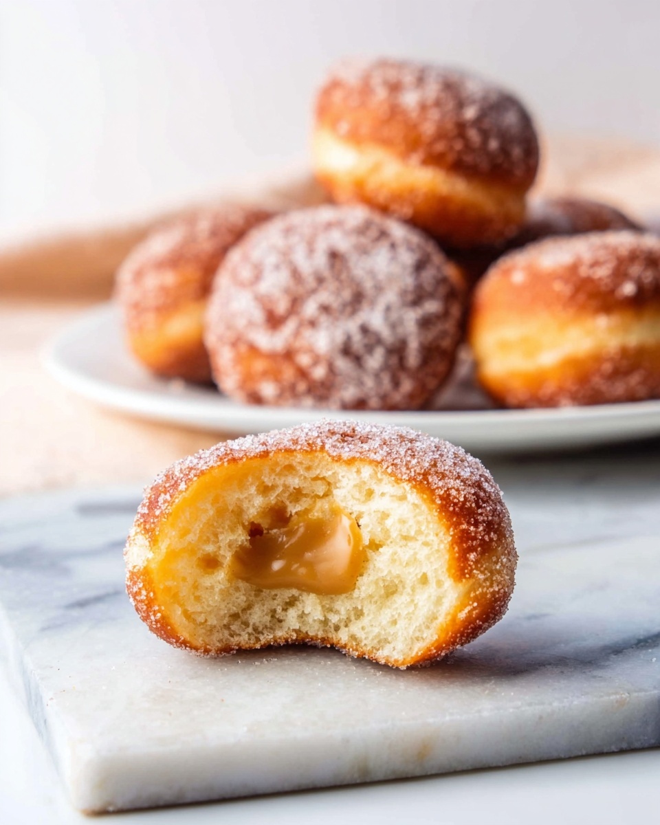 The image shows a small round doughnut with a golden-brown outside covered in sugar, placed on a white marbled surface. The doughnut is cut in half, revealing a soft, light yellow inside with a smooth caramel cream filling in the center. In the background, more whole sugar-coated doughnuts are piled in a white plate. One whole doughnut with caramel cream filling at the side can be seen resting on the surface near the plate. The clear lighting highlights the sugar crystals and soft texture of the doughnuts, making them look fresh and tasty. Photo taken with an iphone --ar 4:5 --v 7