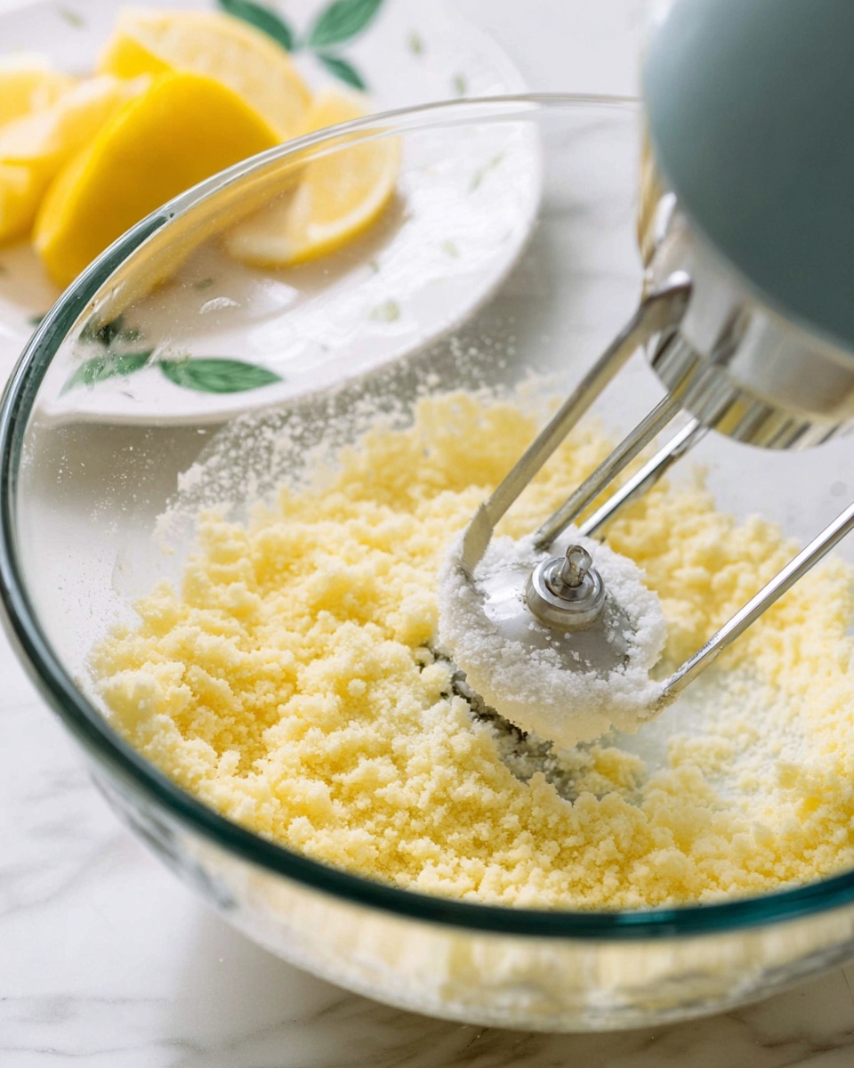 A clear glass bowl filled with a mixture of light yellow, soft, and crumbly texture being mixed with a silver electric hand mixer, with the mixer’s beaters visible in motion at the center of the bowl. In the background, on a white marbled surface, there is a white plate with a green leaf design holding bright yellow lemon wedges. The focus is on the mixing action inside the bowl with the background slightly blurred. Photo taken with an iphone --ar 4:5 --v 7