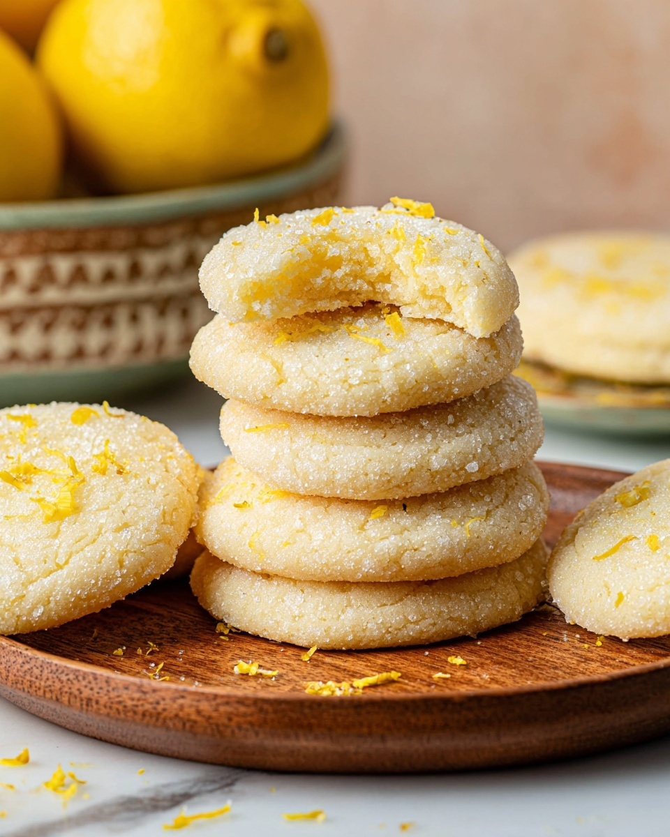 A wooden round plate holds a stack of five round light yellow sugar-coated cookies with a soft texture, topped with small yellow zest pieces. One cookie on top has a bite taken out, showing a moist inside. Around the plate are more cookies lying flat, also sugar-coated and sprinkled with yellow zest. A ceramic bowl with lemons is blurred in the background on a white marbled surface. The overall color is warm light yellow with fine sugar crystals sparkling on the cookies. photo taken with an iphone --ar 4:5 --v 7