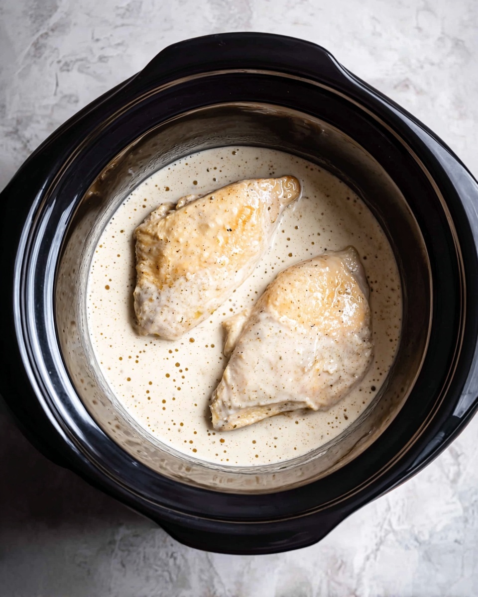 In a black slow cooker, two light golden chicken pieces sit side by side, partially covered by a thick, creamy, off-white sauce with small bubbles on the surface, resting inside the cooker bowl. The cooker is on a white marbled surface, and the photo shows the chicken from above, focusing on the smooth texture of the sauce and the tender look of the chicken. photo taken with an iphone --ar 4:5 --v 7