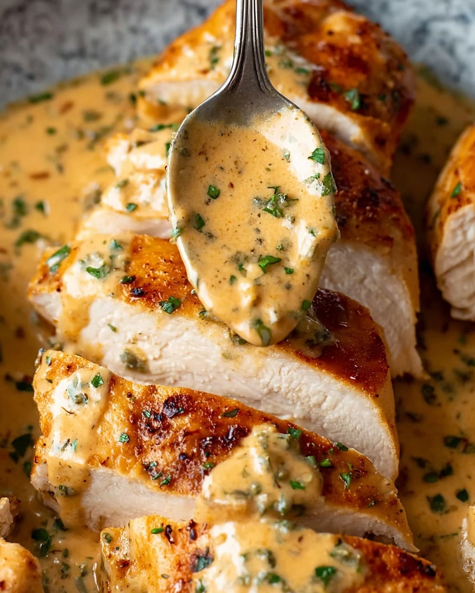 A close-up of sliced golden brown chicken pieces layered with creamy, light orange sauce that has green herb specks spread evenly on top. The chicken slices show white inside with a tender texture, while the sauce looks rich and smooth with tiny green bits scattered throughout. One piece is being held by a spoon above the rest, dipping slightly into the sauce. The background is a white marbled texture. Photo taken with an iphone --ar 4:5 --v 7