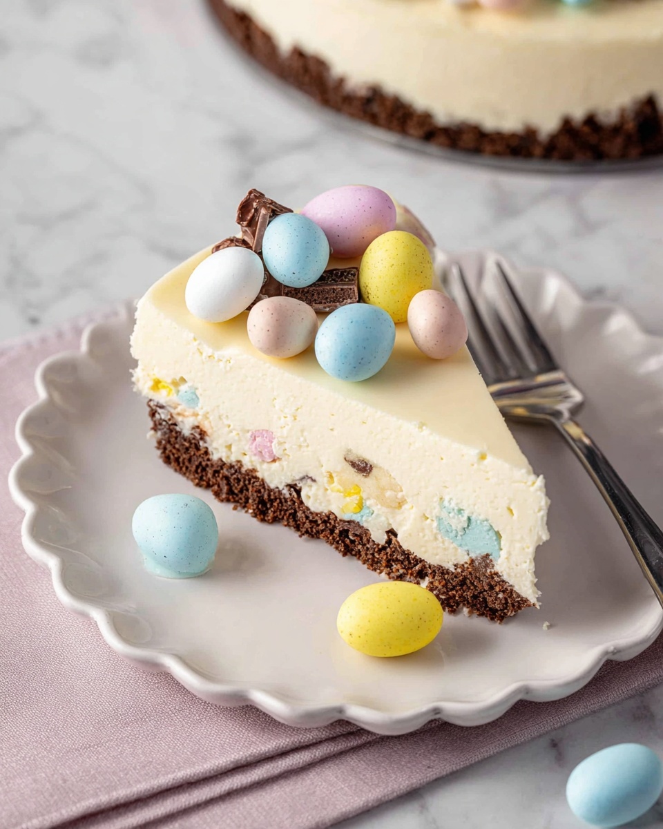 A slice of cheesecake sits on a white scalloped plate, showing three layers: a dark brown crumbly base, a thick creamy white middle layer with small bits of pastel candy inside, and a top layer of smooth white cheesecake. On top, there are colorful pastel candy eggs in pale blue, pink, yellow, and white, some whole and some broken to reveal chocolate inside. A silver fork lies at the side on a white marbled surface in the background. Photo taken with an iphone --ar 4:5 --v 7