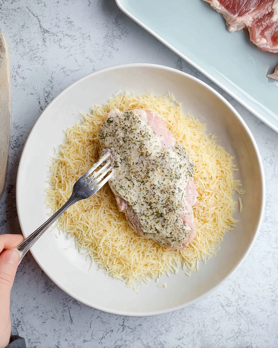 A white round plate holds a layer of light yellow shredded crumbs spread evenly across the bottom. On top sits a raw piece of meat covered in a pale, creamy herb sauce, showing green and black specks. A silver fork touches the left side of the meat, pressing lightly into it. The plate is placed on a white marbled textured surface, with part of a light blue plate holding more raw meat visible at the top right and a white tray corner at the top left. A woman's hand is seen slightly at the bottom left edge of the image. photo taken with an iphone --ar 4:5 --v 7