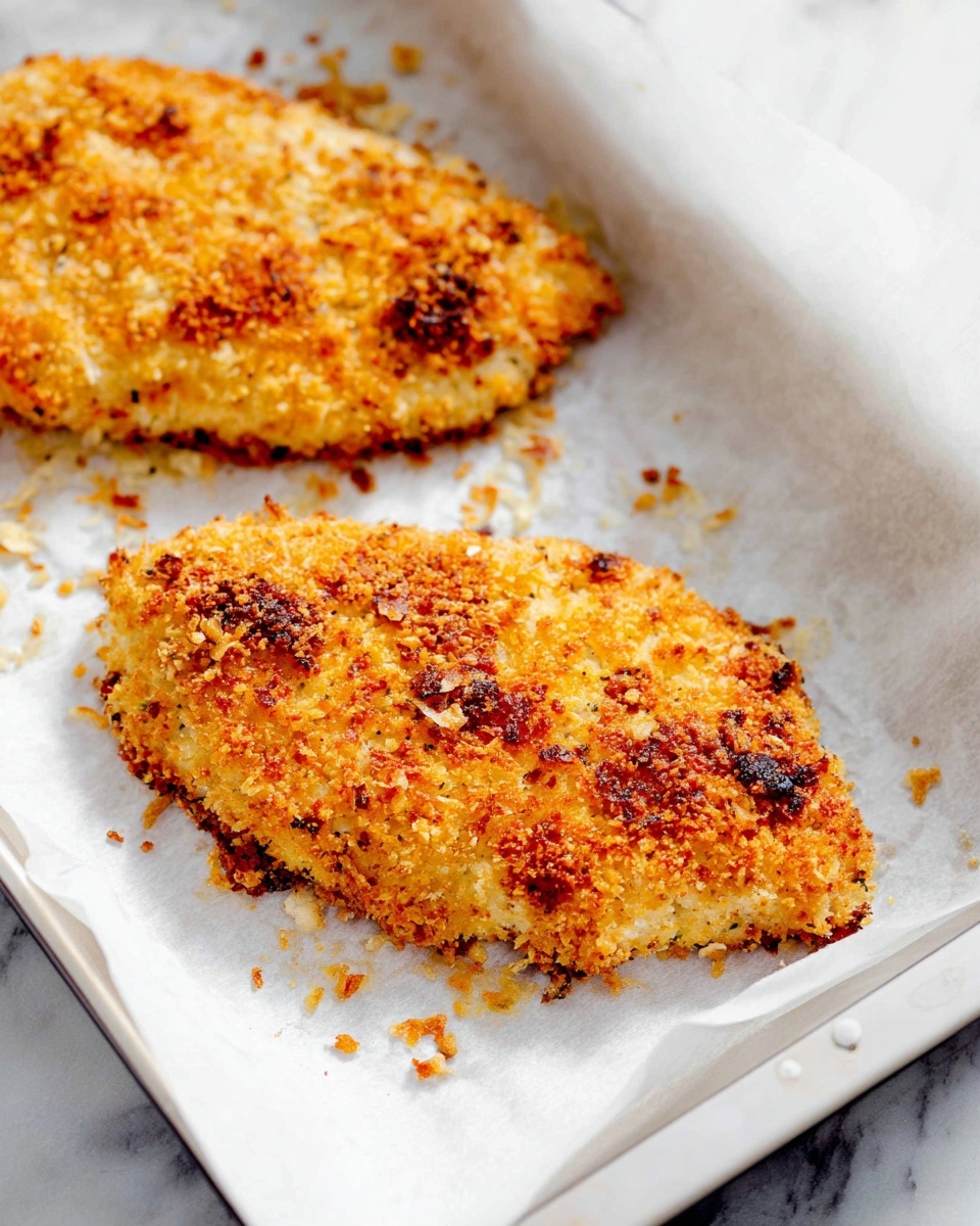 Two breaded and baked pieces of chicken lie on a white baking tray lined with white parchment paper. Each chicken piece is covered in a golden brown, crunchy crust with patches of darker toasted crumbs. The crust looks uneven and rough with some small crumbs scattered around the tray. The edges of the chicken have a slightly darker crispiness, showing a mix of light golden and deep brown colors. The tray rests on a white marbled surface. photo taken with an iphone --ar 4:5 --v 7