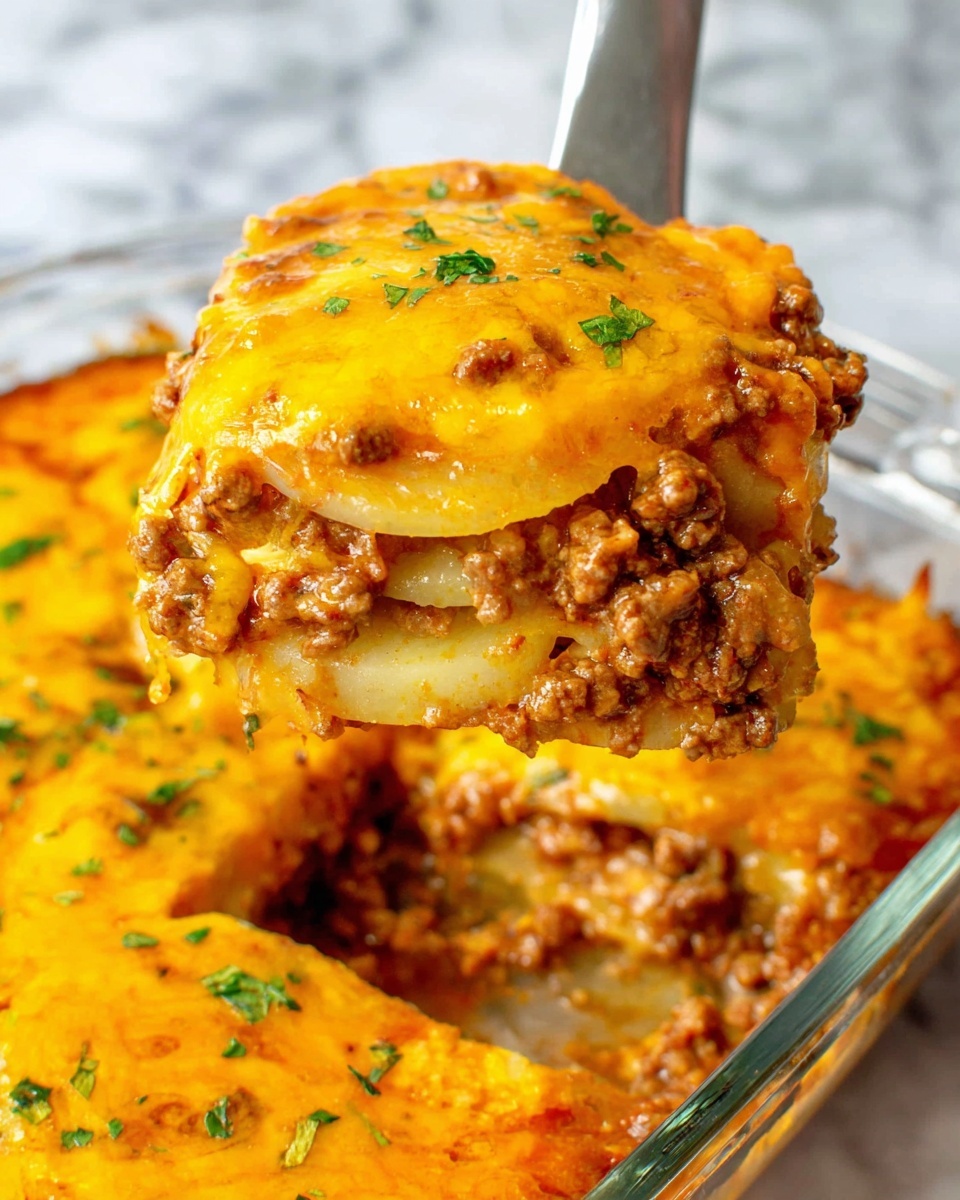 The image shows a layered dish being served with a metal spatula. The top layer is melted bright orange cheese with some small green herb pieces sprinkled on it. Below this is a layer of browned ground meat mixed with bits of onion. There are at least two layers of thin, pale yellow potato slices visible between the ground meat layers, making the dish look thick and hearty. The dish is in a clear glass pan set on a white marbled surface, and the serving spatula lifts a large square portion revealing all these layers clearly. Photo taken with an iphone --ar 4:5 --v 7