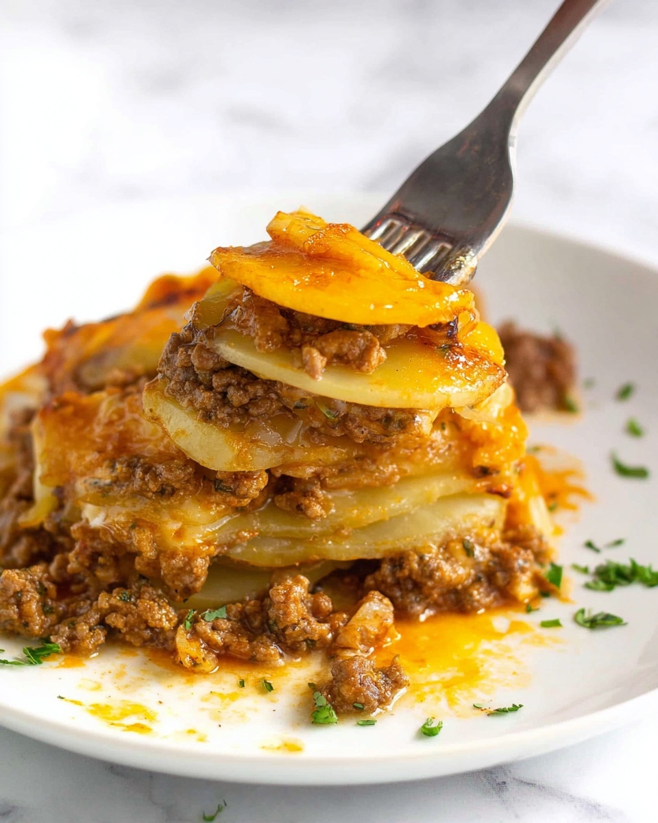 The dish shows several layers of thin, round potato slices stacked alternately with browned ground meat and melted orange cheese, creating a warm, hearty look. The potato layers are pale yellow with some softness, the ground meat is crumbly and cooked brown with bits slightly crispy, and the cheese on top is melted with a shiny surface and a golden-orange color. The stack is on a white plate set on a white marbled surface, and a fork is dug into the stack, lifting a piece to show the layers well. Small green herb bits are scattered around for color contrast. Photo taken with an iphone --ar 4:5 --v 7