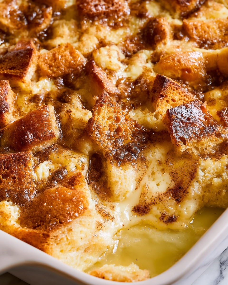 The dish shows a close-up view of a baked bread pudding with a golden-brown crispy top layer made of irregularly torn bread pieces covered in dark cinnamon specks. Below the top layer is a soft, creamy custard soaked into the bread, visible by its yellowish and slightly wet texture. The dish is inside a white baking dish, and you can see some melted butter or syrup pooling at the edges at the bottom right. The background is a white marbled texture. photo taken with an iphone --ar 4:5 --v 7