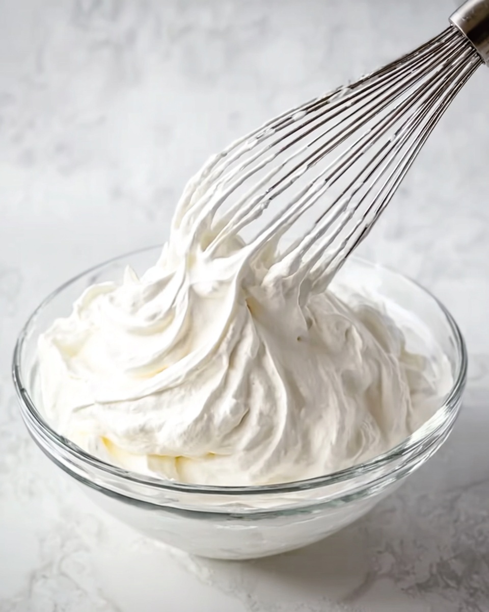 A clear glass bowl filled with thick, smooth white whipped cream. Above the bowl, a metal whisk holds a peak of the cream, showing its light and fluffy texture. The background and surface have a white marbled texture. The image is bright and focused on the creamy, soft peak on the whisk photo taken with an iphone --ar 4:5 --v 7