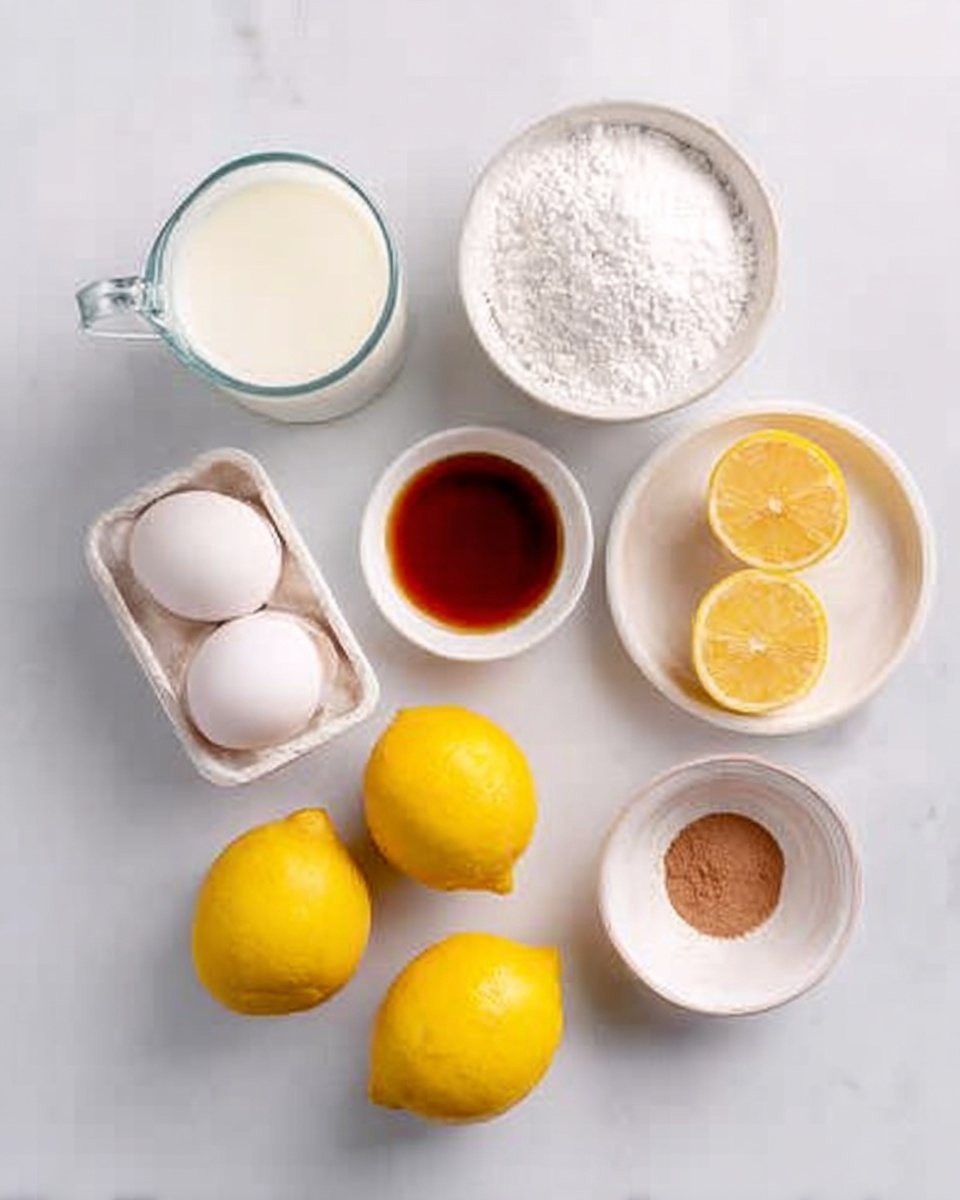 The image shows ingredients laid out on a white marbled surface, including a small glass jug of milk, a white bowl filled with white flour, a white tray holding four eggs, a small white bowl with amber-colored vanilla extract, a small white container holding a light brown powder, two whole yellow lemons, and one lemon half with bright yellow flesh visible. The arrangement is neat, with each ingredient separated clearly. Photo taken with an iphone --ar 4:5 --v 7