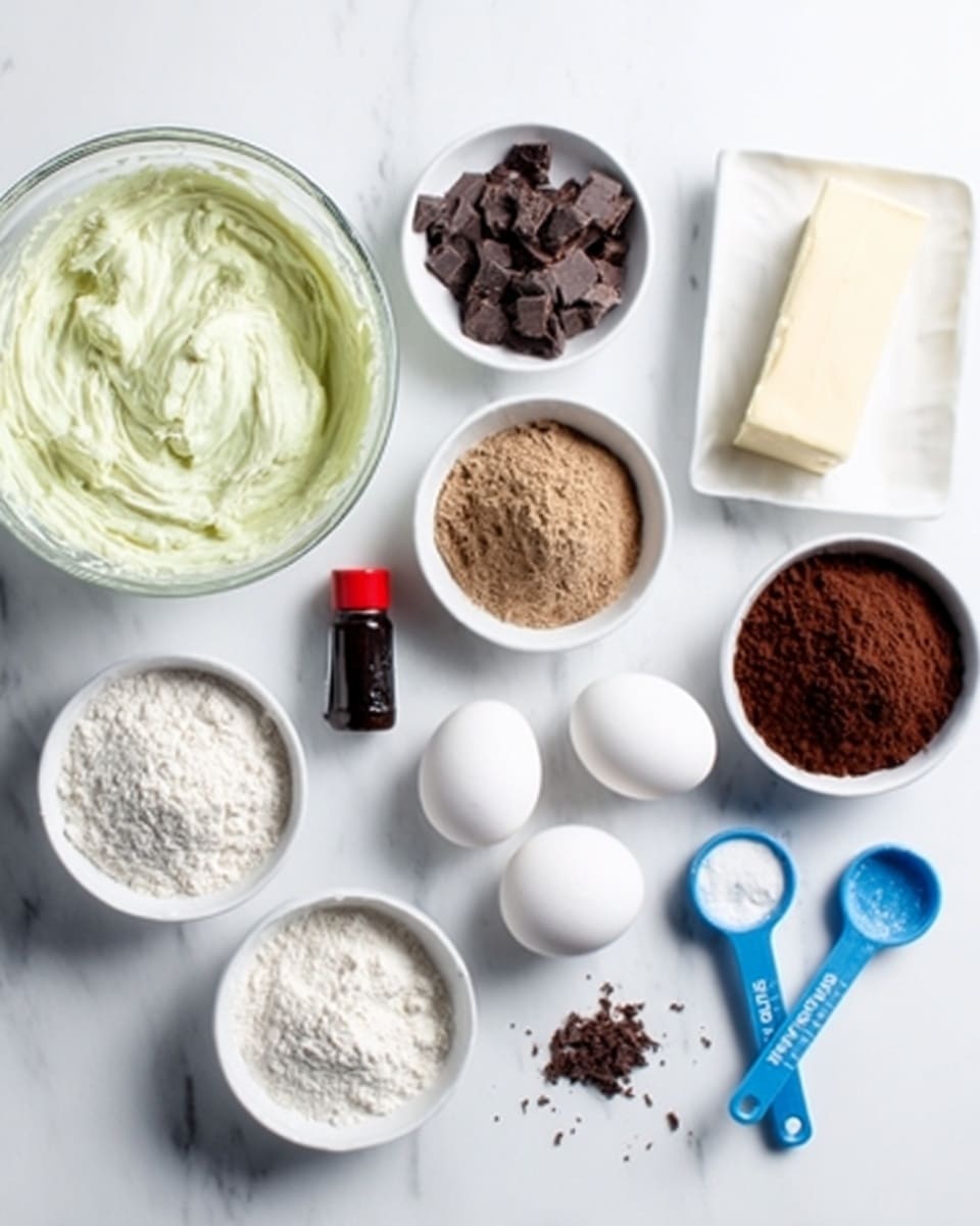 The image shows various baking ingredients arranged neatly on a white marbled surface. There is a large clear glass bowl filled with pale green creamy mixture on the left side. Around it, there are smaller white bowls and dishes holding different ingredients: small dark brown chocolate pieces, light brown crumbly powder, fine white flour, and dark brown cocoa powder. Two whole white eggs sit near the center. A small dark bottle with a red cap and two blue measuring spoons with dark text are placed among the ingredients. Near the top right, there is an uncooked off-white rectangular stick, likely butter, resting on a white ceramic dish. The scene is clean and bright, showing everything clearly. photo taken with an iphone --ar 4:5 --v 7