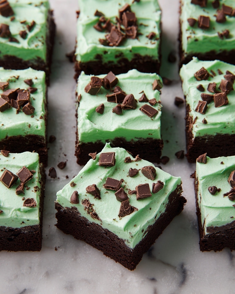 A close-up of a two-layer dessert square on a white marbled surface, with a thick dark brown chocolate brownie base showing a dense, slightly crumbly texture and hints of white chocolate bits inside. On top, there is a thick bright green creamy frosting layer with a whipped and fluffy texture, topped with several small pieces of chocolate candy that have a dark brown outer layer and a light green center. In the background, blurred similar dessert squares can be seen. photo taken with an iphone --ar 4:5 --v 7