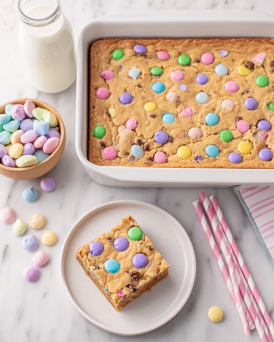 The image shows a large rectangular white baking dish with a single layer of baked blondie topped with pastel-colored candy pieces in pink, green, yellow, blue, and purple, scattered evenly on the surface. Next to it, a white plate holds one square piece of the blondie, similarly topped with pastel candies, showing a soft, slightly cracked texture with chocolate bits visible inside. Around the plate are scattered pastel candies, and behind it is a clear bottle of milk, with a wooden bowl full of similar pastel candies and two striped pink and white straws lying on a white marbled surface. photo taken with an iphone --ar 4:5 --v 7