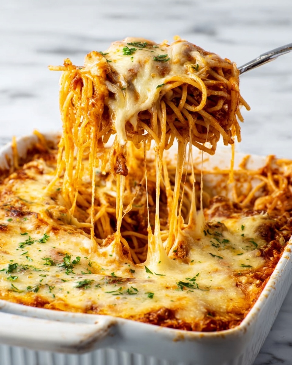 A white baking dish filled with baked spaghetti, showing melted cheese browned on top in a golden color, with small bits of green herbs sprinkled for garnish. A woman's hand is lifting a portion of the spaghetti with a fork, revealing long, thin pasta strands covered in a rich red sauce with melted cheese stretching between the dish and the lifted portion. The white marbled textured surface is in the background. photo taken with an iphone --ar 4:5 --v 7